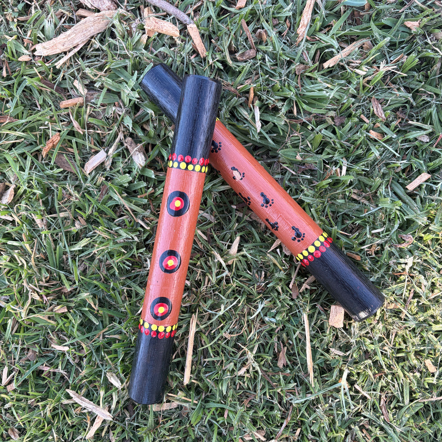 Hand Painted Clap Sticks Brown with Footprints and waterholes