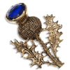 Miracle Single Thistle Kilt Pin Pewter - Sapphire glass Antique Gold