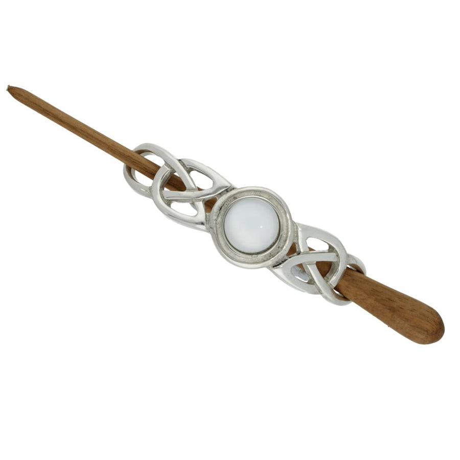 Celtic Knot hairslide with wooden pin - White Glass