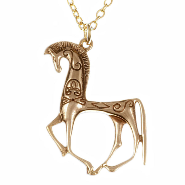 St Justin Greek horse designed bronze pendant on a gold-plated trace chain - BZP95
