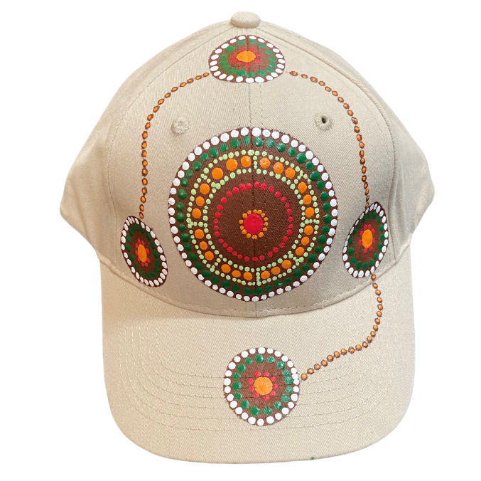Beige Hand Painted Cap with Green and/or Orange Design