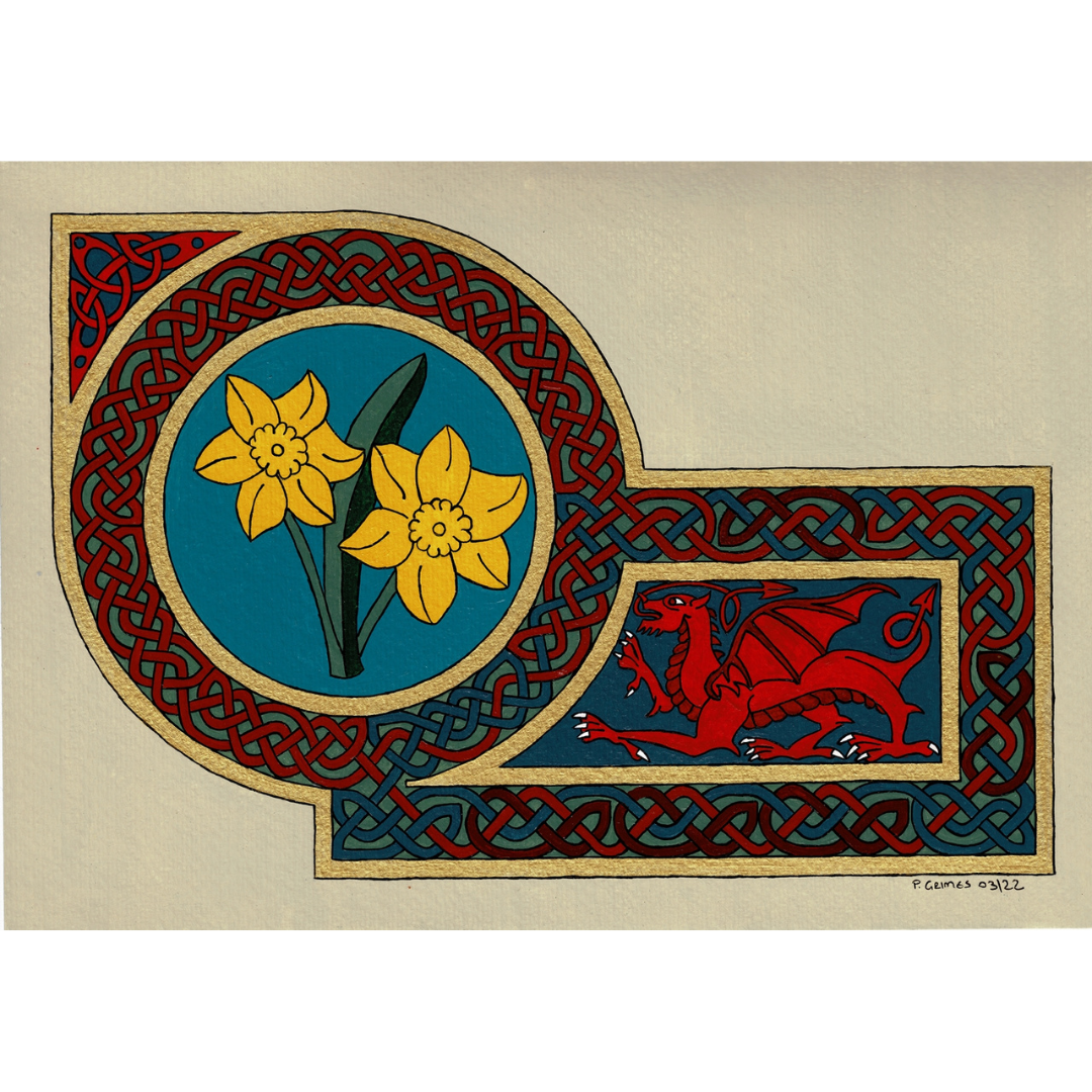 Celtic Card Daffodils and Welsh Dragon