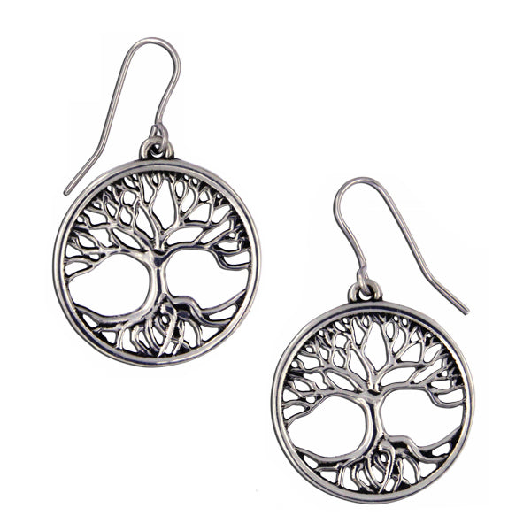 St Justin Beautiful openwork Tree of Life pewter drop earrings on surgical steel hooks - PE810