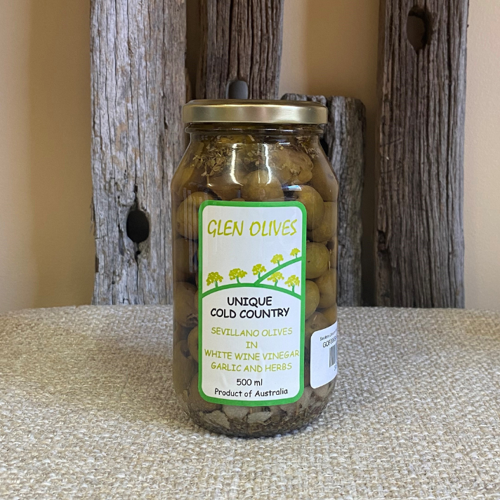 Sevillano Olives in White Wine Vinegar with Garlic and Herbs