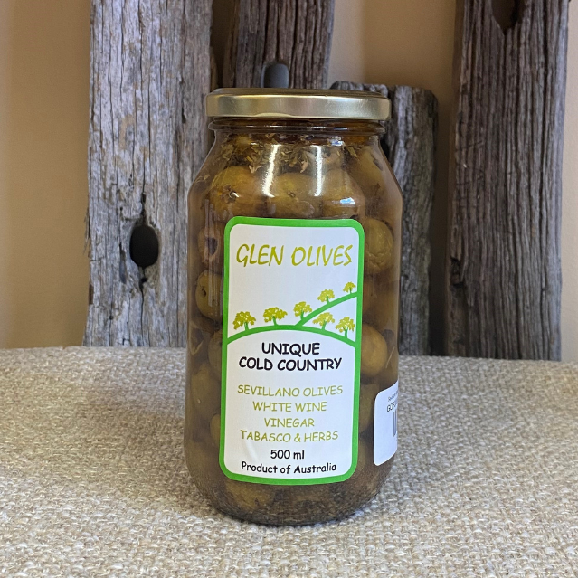 Sevillano Olives in White Wine Vinegar with Tabasco and Herbs